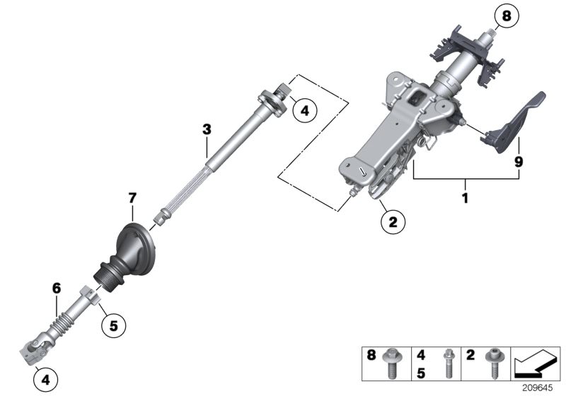 Picture board Steering column man.adjust./Mount. parts for the BMW 5 Series models  Original BMW spare parts from the electronic parts catalog (ETK) for BMW motor vehicles (car)   ADJUST-LEVER, Cup, Fillister head with washer, Hex Bolt, Manually adjust. s