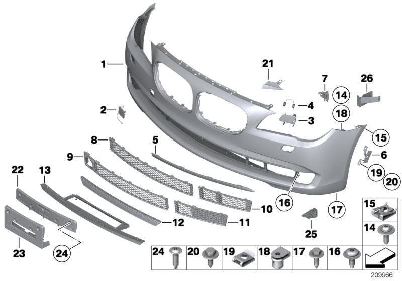 Picture board Trim panel, front for the BMW 7 Series models  Original BMW spare parts from the electronic parts catalog (ETK) for BMW motor vehicles (car)   Adapter plate, right, Body nut, Bracket, right, C-clip nut, Cover, towing lug, front, primed, Fill