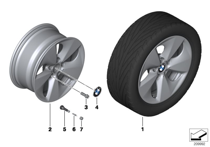 Picture board BMW LA wheel Streamline 363 - 17´´ for the BMW 5 Series models  Original BMW spare parts from the electronic parts catalog (ETK) for BMW motor vehicles (car)   ALLOY RIM LEFT, Hub cap with chrome edge, Screw-in valve, RDC, Valve, Valve caps 
