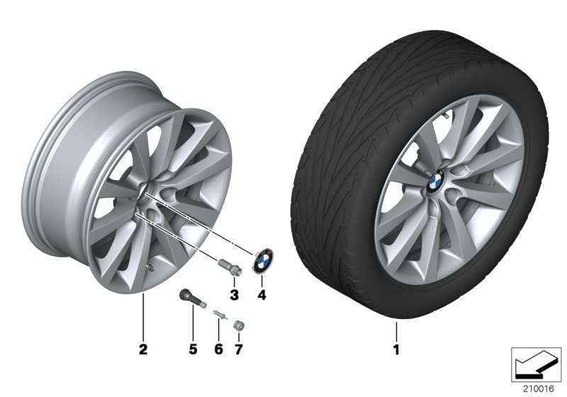Picture board BMW LA wheel, V spoke 328 - 18´´ for the BMW 5 Series models  Original BMW spare parts from the electronic parts catalog (ETK) for BMW motor vehicles (car)   Hub cap with chrome edge, Light alloy rim, Screw-in valve, RDC, Valve, Valve caps, 