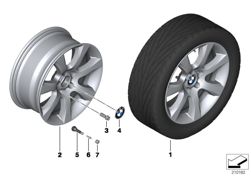 Picture board BMW LA wheel, star spoke 330 - 18´´ for the BMW 5 Series models  Original BMW spare parts from the electronic parts catalog (ETK) for BMW motor vehicles (car)   Hub cap with chrome edge, Light alloy rim, Screw-in valve, RDC, Valve, Valve cap