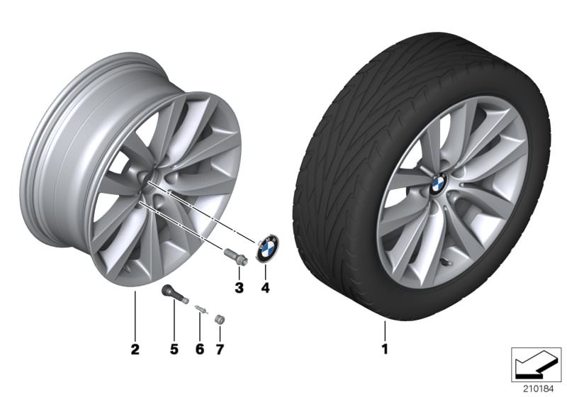 Picture board BMW LA wheel, V spoke 331 - 19´´ for the BMW 5 Series models  Original BMW spare parts from the electronic parts catalog (ETK) for BMW motor vehicles (car)   Hub cap with chrome edge, Light alloy rim, Screw-in valve, RDC, Valve, Valve caps R