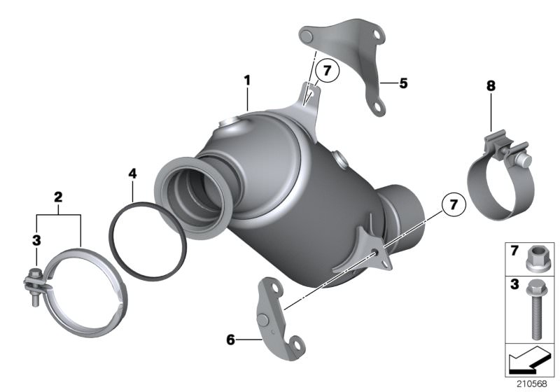 Picture board Engine-compartment catalytic converter for the BMW X Series models  Original BMW spare parts from the electronic parts catalog (ETK) for BMW motor vehicles (car)   Exch catalytic converter close to engine, Gasket ring, Hex Bolt, Hex nut, Hol