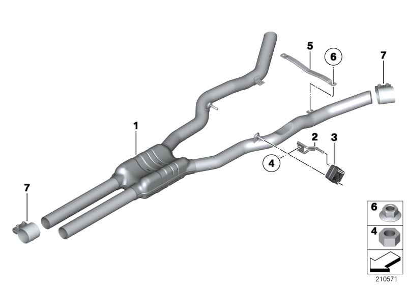 Picture board Centre muffler for the BMW 6 Series models  Original BMW spare parts from the electronic parts catalog (ETK) for BMW motor vehicles (car)   Bracket, rear silencer right, Centre muffler, CLAMPING BUSH, Collar nut, Cross brace, Hex nut, Rubber