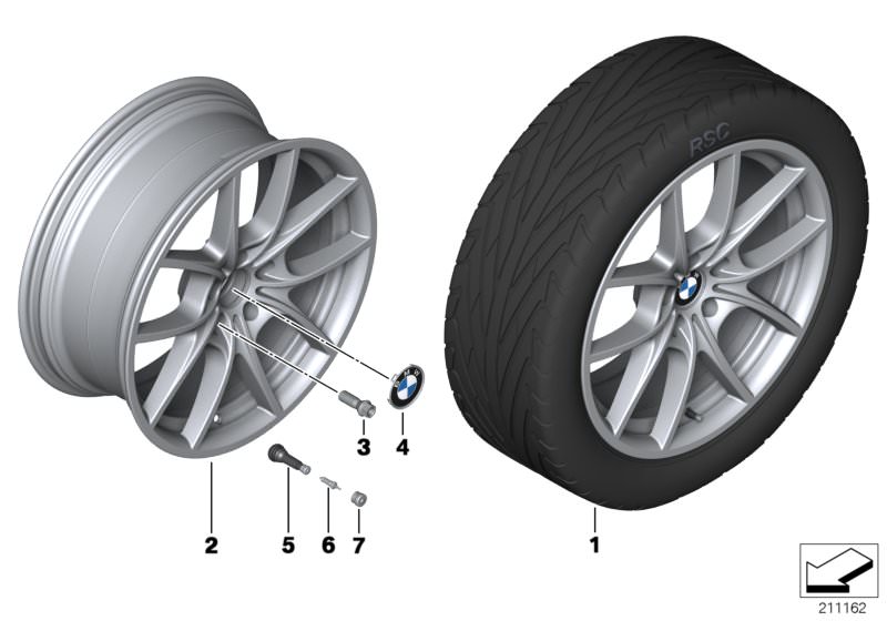 Picture board BMW LA wheel, V-spoke 356 for the BMW 5 Series models  Original BMW spare parts from the electronic parts catalog (ETK) for BMW motor vehicles (car)   Disc wheel, light alloy, liquid black, Hub cap with chrome edge, Screw-in valve, RDC, Valv