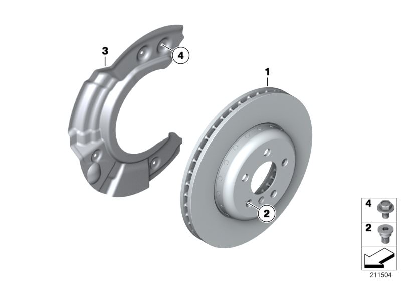 Picture board Front brake / brake disc for the BMW 3 Series models  Original BMW spare parts from the electronic parts catalog (ETK) for BMW motor vehicles (car)   Brake disc, ventilated, Hex Bolt, Inner hex bolt, Protection plate right