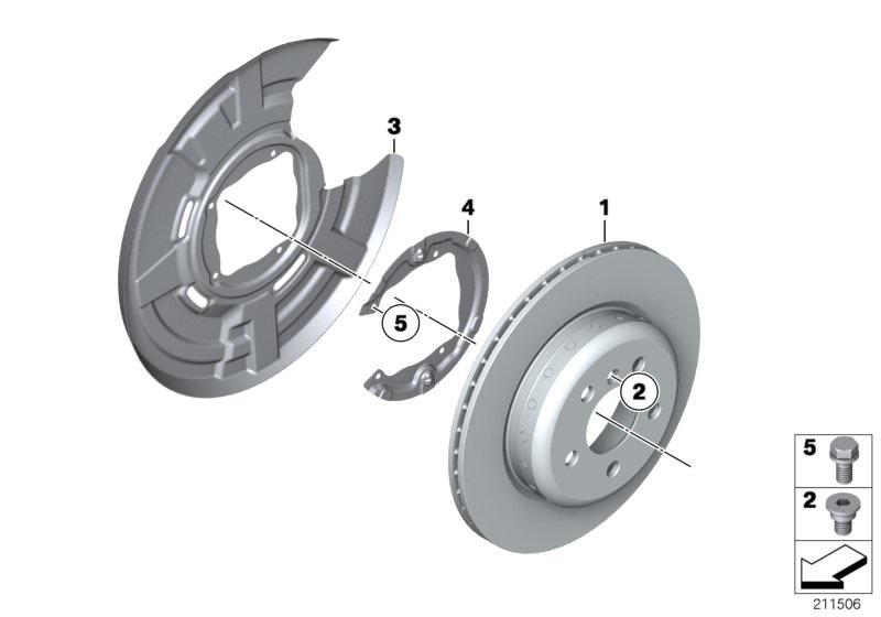 Picture board Rear wheel brake / brake disc for the BMW 5 Series models  Original BMW spare parts from the electronic parts catalog (ETK) for BMW motor vehicles (car)   Brake disc, lightweight, ventilated, Inner hex bolt, Protection plate right, SELF-LOCK