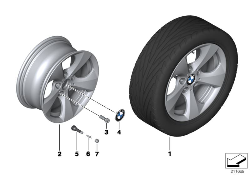 Picture board BMW LA wheel Streamline 306 - 16´´ for the BMW 3 Series models  Original BMW spare parts from the electronic parts catalog (ETK) for BMW motor vehicles (car)   ALLOY RIM LEFT, Hub cap with chrome edge, Rubber valve, Valve, Valve caps, Wheel 