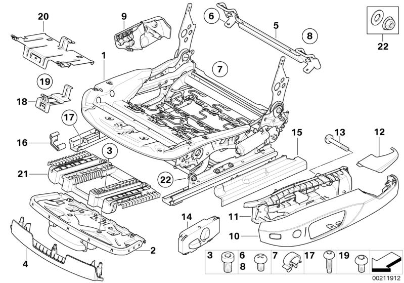 Picture board FRONT SEAT RAIL ELECTRICAL/SINGLE PARTS for the BMW 1 Series models  Original BMW spare parts from the electronic parts catalog (ETK) for BMW motor vehicles (car)   BRACKET CONTROL UNIT RIGHT, Bracket, control unit, Cable holder, Carrier thi