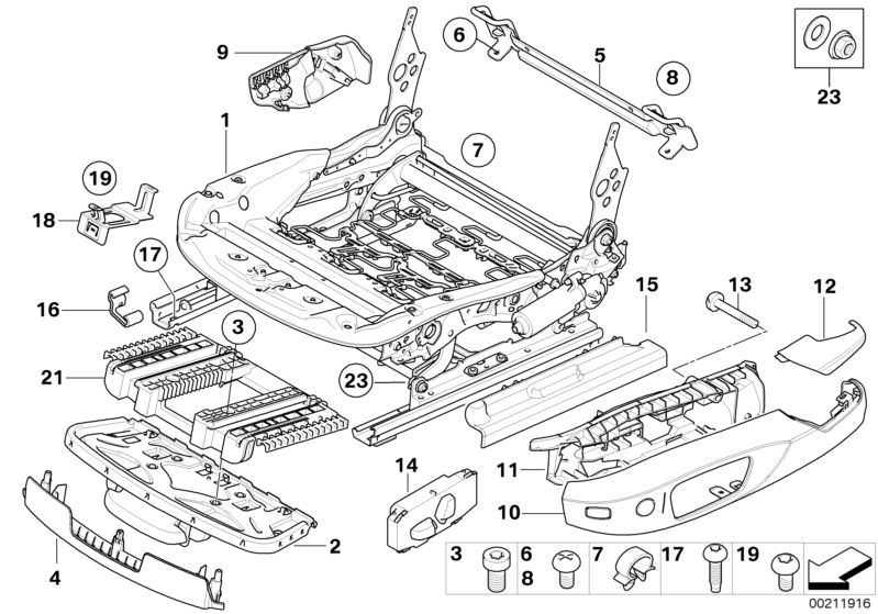 Picture board FRONT SEAT RAIL ELECTRICAL/SINGLE PARTS for the BMW 3 Series models  Original BMW spare parts from the electronic parts catalog (ETK) for BMW motor vehicles (car)   Bracket, control unit, Cable holder, Carrier thigh support, Connection eleme