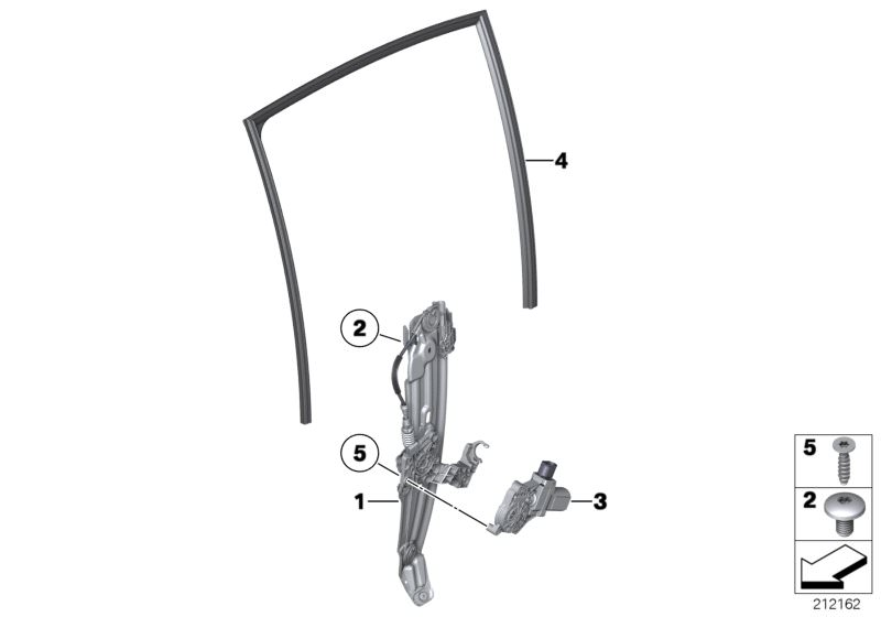 Picture board DOOR WINDOW LIFTING MECHANISM REAR for the BMW 5 Series models  Original BMW spare parts from the electronic parts catalog (ETK) for BMW motor vehicles (car)   Drive, power window, front/rear right, Torx screw, Torx-bolt with washer, Window 