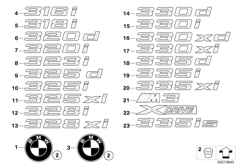 Picture board Emblems / letterings for the BMW 3 Series models  Original BMW spare parts from the electronic parts catalog (ETK) for BMW motor vehicles (car)   EMBLEM ADHERED REAR, Grommet, Lettering, right, Plaque
