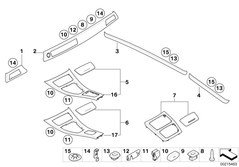 Picture board Int.trim strips,varieg.bamboo,anthracite for the BMW 3 Series models  Original BMW spare parts from the electronic parts catalog (ETK) for BMW motor vehicles (car)   Circlip, Clamp, Clip, outer decor strip, Decorative strip, door front left,
