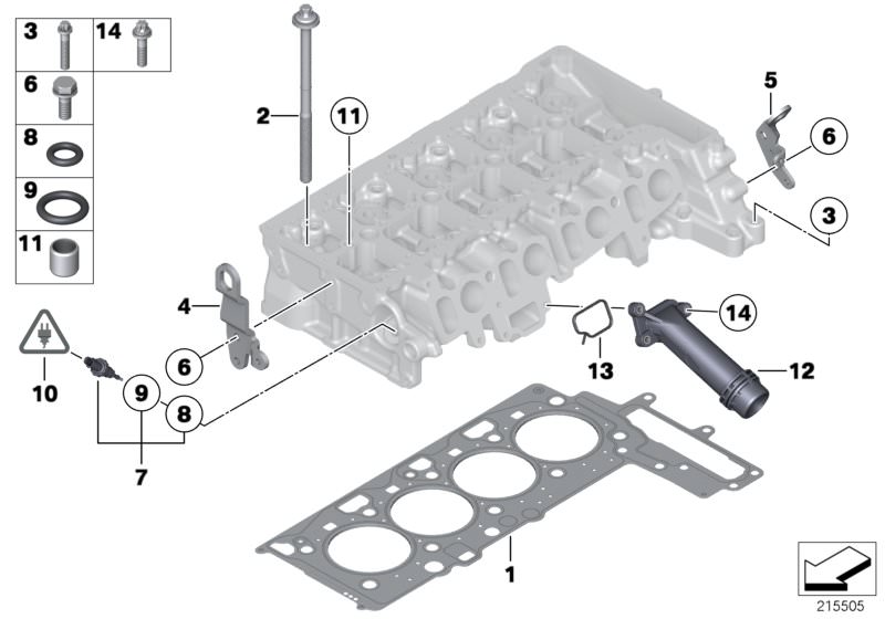 Picture board Cylinder head attached parts for the BMW 1 Series models  Original BMW spare parts from the electronic parts catalog (ETK) for BMW motor vehicles (car)   ASA-Bolt, Connector, Cylinder head gasket asbestos-free, Dowel, Hex Bolt with washer, H