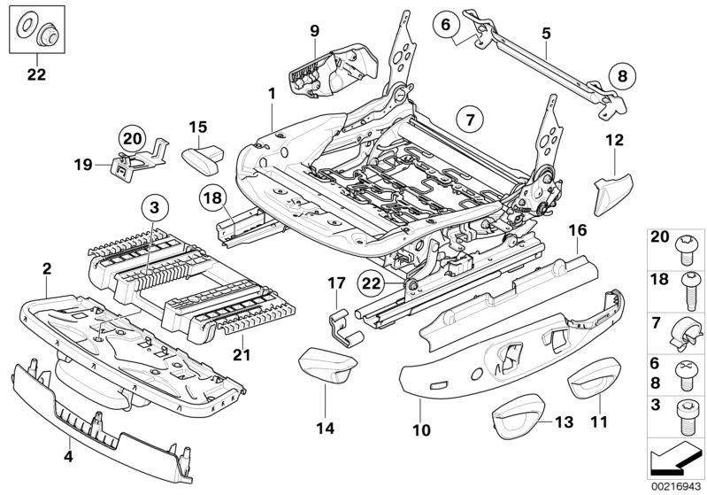 Picture board FRONT SEAT RAIL MECHANICAL/SINGLE PARTS for the BMW 3 Series models  Original BMW spare parts from the electronic parts catalog (ETK) for BMW motor vehicles (car)   Bracket, control unit, Cable holder, Carrier thigh support, Connection eleme