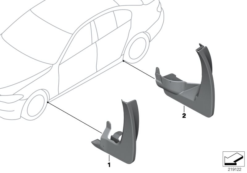 Illustration du Bavettes garde-boue pour les BMW 5 Série Modèles  Pièces de rechange d'origine BMW du catalogue de pièces électroniques (ETK) pour véhicules automobiles BMW (voiture) 