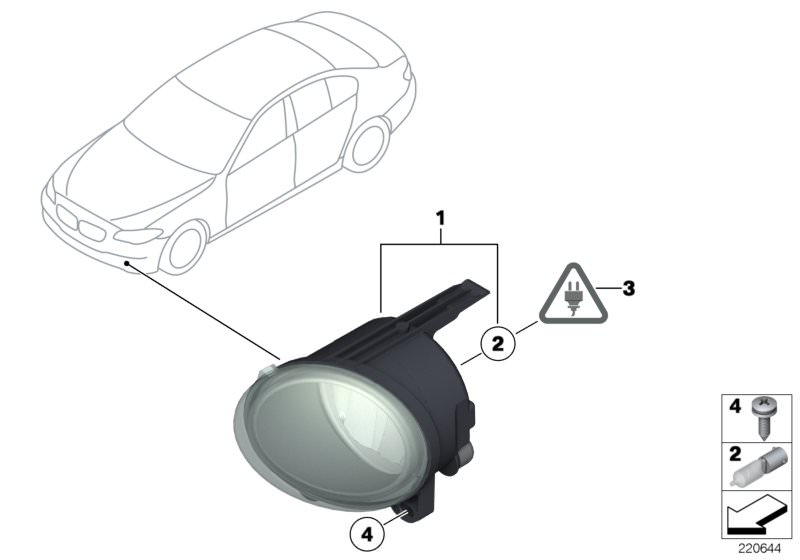 Picture board Fog lights for the BMW 5 Series models  Original BMW spare parts from the electronic parts catalog (ETK) for BMW motor vehicles (car)   Fillister head screw, Fog lights, right, Longlife bulb, Repair kit, socket housing