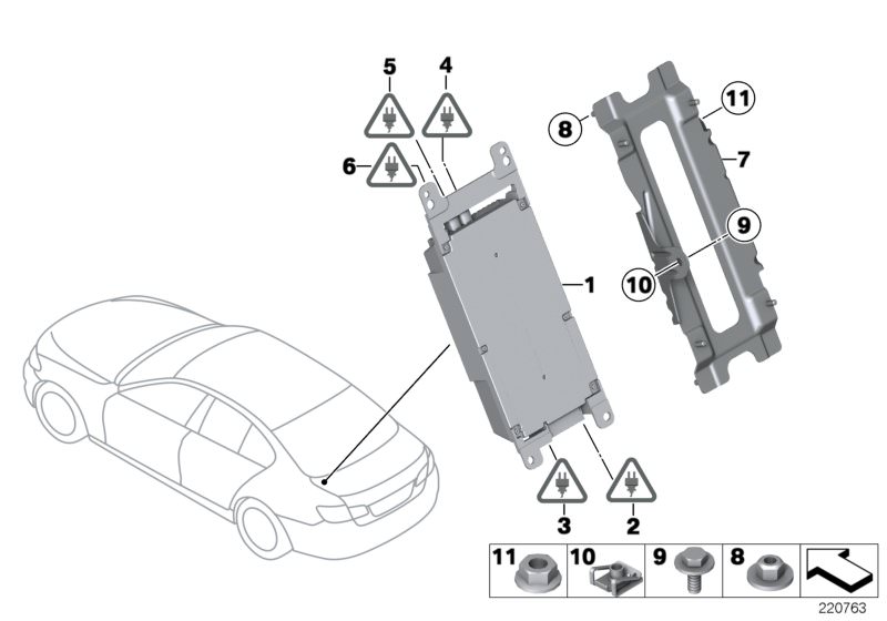 Picture board Combox Media for the BMW 5 Series models  Original BMW spare parts from the electronic parts catalog (ETK) for BMW motor vehicles (car)   Bracket, control unit, Combox Media, Hex Bolt with washer, Hex nut, PRESTOL-CAGE, Wiring set