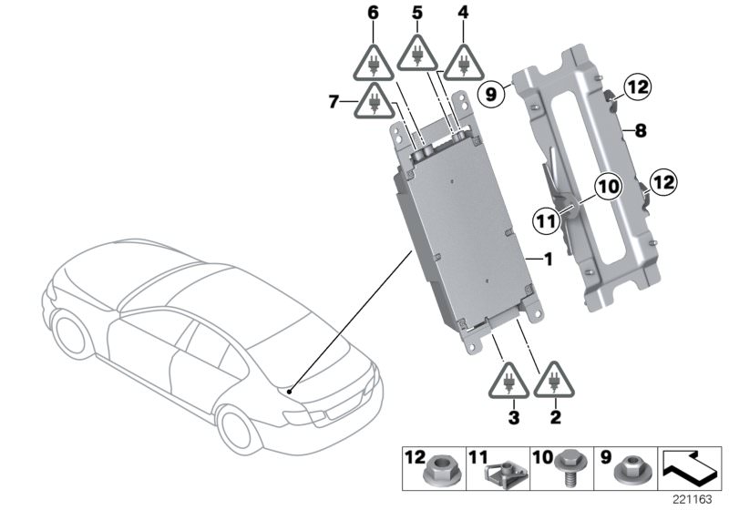 Picture board Combox telematics for the BMW 5 Series models  Original BMW spare parts from the electronic parts catalog (ETK) for BMW motor vehicles (car)   Bracket, control unit, Combox telematics, Hex Bolt with washer, Hex nut, PRESTOL-CAGE