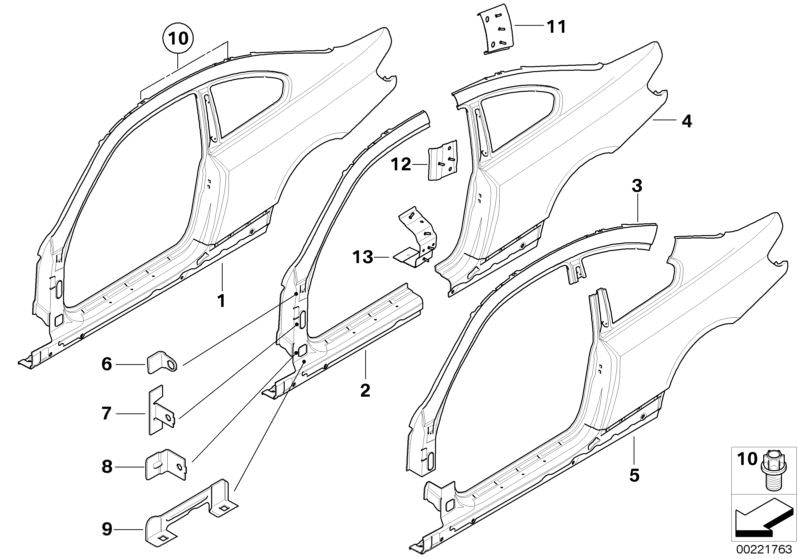 Picture board BODY-SIDE FRAME for the BMW 3 Series models  Original BMW spare parts from the electronic parts catalog (ETK) for BMW motor vehicles (car)   Bracket, side panel, bottom, Bracket, side panel, bottom right, Bracket, side panel, center, Bracket