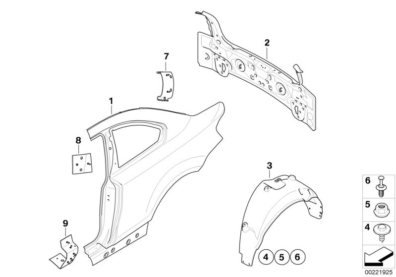 Picture board SIDE PANEL/TAIL TRIM for the BMW 1 Series models  Original BMW spare parts from the electronic parts catalog (ETK) for BMW motor vehicles (car)   Complete tail trim, Cover, wheel housing, rear right, Expanding rivet, Hex head screw with wash