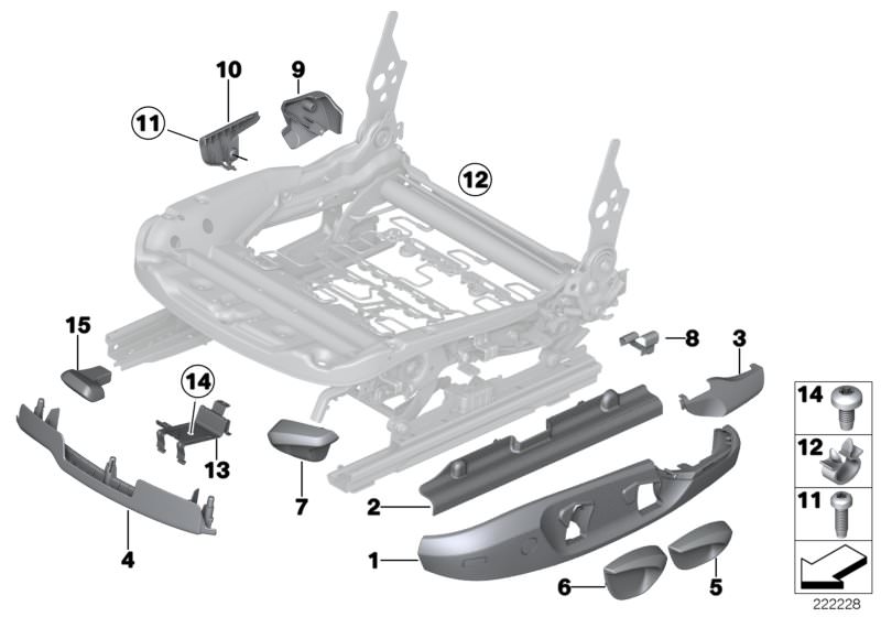 Picture board SEAT FRONT SEAT COVERINGS for the BMW X Series models  Original BMW spare parts from the electronic parts catalog (ETK) for BMW motor vehicles (car)   Bracket, control unit, Cable holder, Cover, belt buckle guard, right, Cover, belt catch le