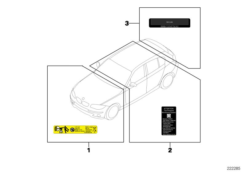 Picture board Assorted information plates for the BMW 2 Series models  Original BMW spare parts from the electronic parts catalog (ETK) for BMW motor vehicles (car)   Instruction notice, Fuel tank filling, Instruction notice, Passenger´s airbag, Label ´´B