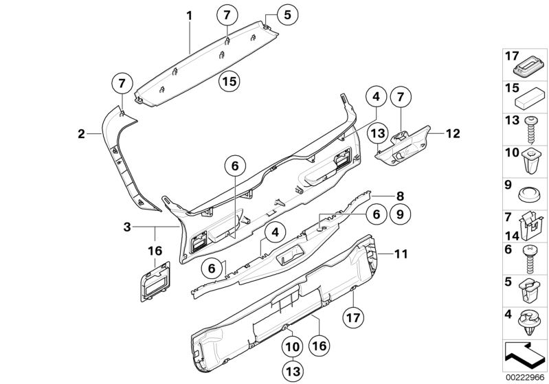 Picture board Trim panel, trunk lid for the BMW X Series models  Original BMW spare parts from the electronic parts catalog (ETK) for BMW motor vehicles (car)   Clip, Clip Natur, Cover, catch bracket, Covering cap, Expanding nut, Fillister head self-tappi