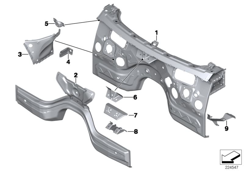Picture board SPLASH WALL PARTS for the BMW X Series models  Original BMW spare parts from the electronic parts catalog (ETK) for BMW motor vehicles (car)   Cross member, splash wall, Holder, pedal module, Holder, wiper system, outer left, Left engine com