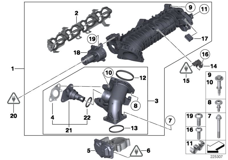 Picture board Intake manifold AGR with flap control for the BMW 3 Series models  Original BMW spare parts from the electronic parts catalog (ETK) for BMW motor vehicles (car)   Adjuster unit, ASA screw with washer, Fastening elements, Gasket Steel, Intake