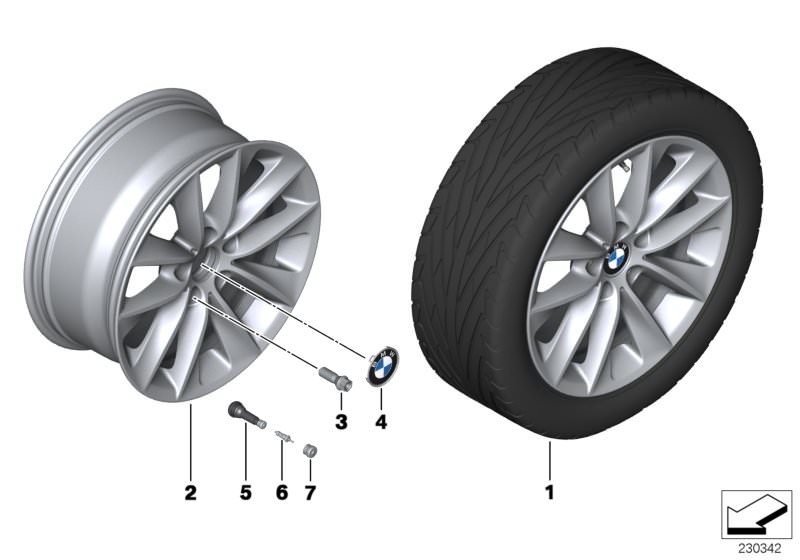 Picture board BMW LA wheel, V spoke 307 for the BMW X Series models  Original BMW spare parts from the electronic parts catalog (ETK) for BMW motor vehicles (car)   Hub cap with chrome edge, Light alloy disc wheel Reflexsilber, Screw-in valve, RDC, Valve,