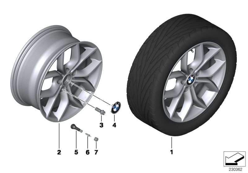 Picture board BMW LA wheel Y-spoke 308 for the BMW X Series models  Original BMW spare parts from the electronic parts catalog (ETK) for BMW motor vehicles (car)   Hub cap with chrome edge, Light alloy disc wheel Reflexsilber, Screw-in valve, RDC, Valve, 