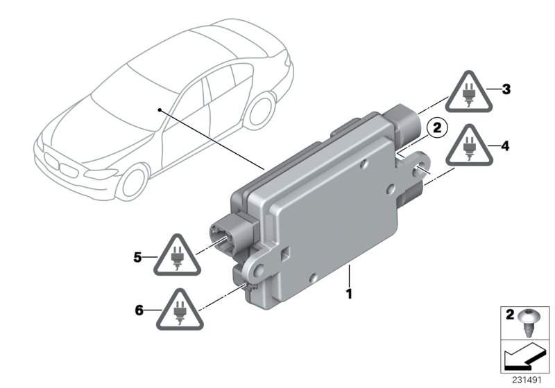 Illustration du Concentrateur USB pour les BMW 7 Série Modèles  Pièces de rechange d'origine BMW du catalogue de pièces électroniques (ETK) pour véhicules automobiles BMW (voiture)   Screw, self tapping, USB hub