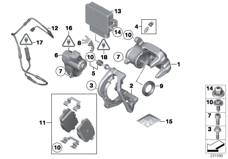 Illustration du Frein de roue arrière - boîtier EMF pour les BMW X Série Modèles  Pièces de rechange d'origine BMW du catalogue de pièces électroniques (ETK) pour véhicules automobiles BMW (voiture)   Actuator EMF, Brake-pad paste, Brake-pad sensor, rear,