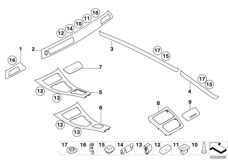 Picture board Interior trimstrips, alum. glaciersilber for the BMW 3 Series models  Original BMW spare parts from the electronic parts catalog (ETK) for BMW motor vehicles (car)   Circlip, Clamp, Clip, outer decor strip, Cover, Cover, dashboard, aluminium