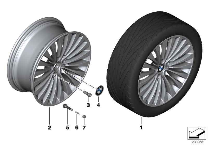 Picture board BMW LA wheel, multi spoke 410 for the BMW 5 Series models  Original BMW spare parts from the electronic parts catalog (ETK) for BMW motor vehicles (car)   Disc wheel, light alloy, bright-turned, Hub cap with chrome edge, Screw-in valve, RDC,