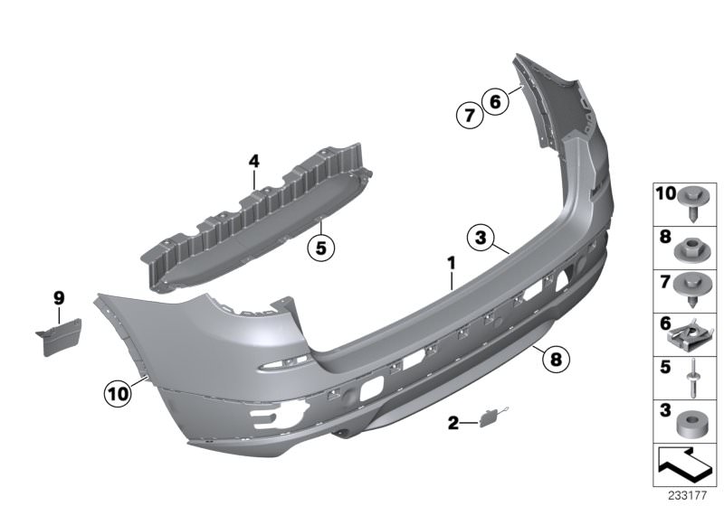 Picture board Trim panel, rear for the BMW X Series models  Original BMW spare parts from the electronic parts catalog (ETK) for BMW motor vehicles (car)   Blind rivet, C-clip nut, Covering, bottom rear, Deflector lip, rear right, Gasket ring, Hex Bolt, H