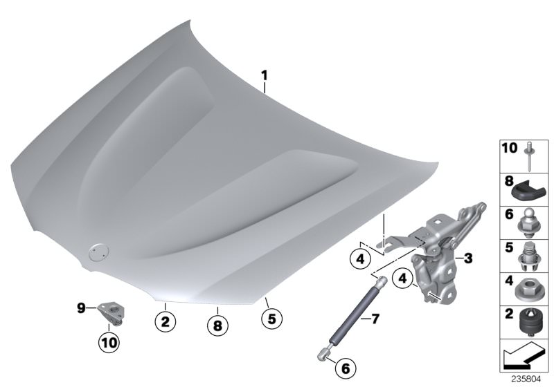 Picture board ENGINE HOOD/MOUNTING PARTS for the BMW X Series models  Original BMW spare parts from the electronic parts catalog (ETK) for BMW motor vehicles (car)   Adjuster, Ball pin, Blind rivet, Gas pressurized spring, Hex nut with plate, Hood, RIGHT 
