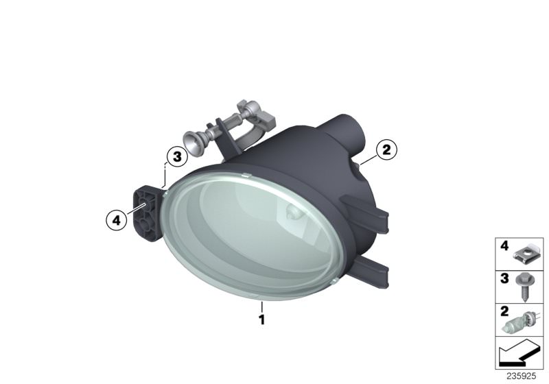 Picture board Fog lights for the BMW 1 Series models  Original BMW spare parts from the electronic parts catalog (ETK) for BMW motor vehicles (car)   Body nut, Bulb, Fog lights, left, Screw, self tapping