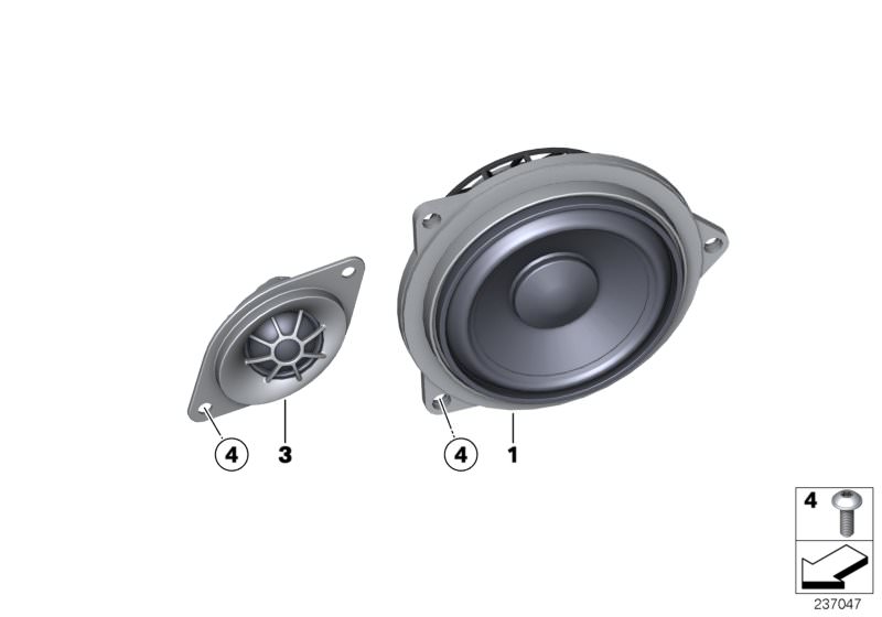 Picture board Loudspeaker components later. trim panel for the BMW 6 Series models  Original BMW spare parts from the electronic parts catalog (ETK) for BMW motor vehicles (car)   Fillister head self-tapping screw, Mid-range speaker, HiFi system, TOP-HIFI