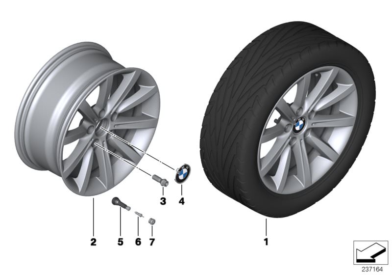 Picture board BMW LA wheel, star spoke 365 - 18´´ for the BMW 5 Series models  Original BMW spare parts from the electronic parts catalog (ETK) for BMW motor vehicles (car)   Hub cap with chrome edge, Light alloy rim, black, Rubber valve, Valve, Valve cap