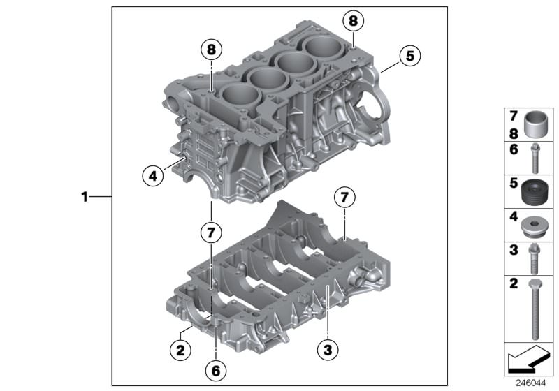 Picture board Engine block for the BMW 5 Series models  Original BMW spare parts from the electronic parts catalog (ETK) for BMW motor vehicles (car)   ASA-Bolt, Dowel, Engine block with piston, Hex Bolt, Plug, Screw plug with gasket ring