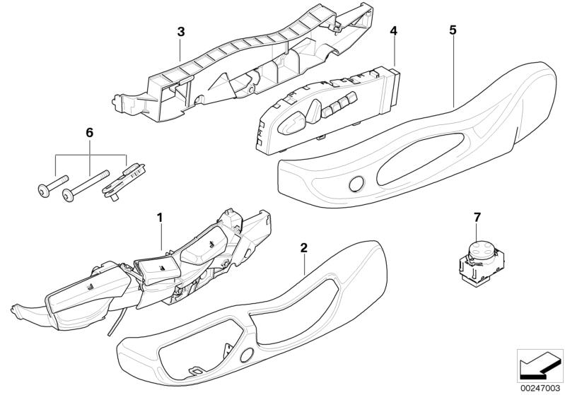 Picture board SINGLE PARTS OF FRONT SEAT CONTROLS for the BMW X Series models  Original BMW spare parts from the electronic parts catalog (ETK) for BMW motor vehicles (car)   Actuation unit left, Actuation unit right, RIGHT LUMBAR SUPPORT SWITCH, Seat tri