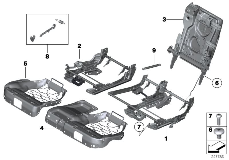 Bildtafel Sitz hinten Sitzrahmen für die BMW 5er Modelle  Original BMW Ersatzteile aus dem elektronischen Teilekatalog (ETK) für BMW Kraftfahrzeuge( Auto)    Befestigungssatz Sitzschale, Gasdruckfeder rechts, ISA-Schraube, Lehnenrahmen links, Linsenschrau
