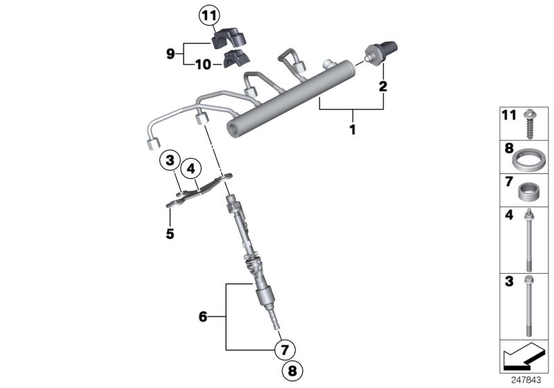 Picture board High-pressure rail/injector/mounting for the BMW 3 Series models  Original BMW spare parts from the electronic parts catalog (ETK) for BMW motor vehicles (car)   ASA-Bolt, Bracket injector, Decoupling element, Fixing bow, Flange screw, Gaske