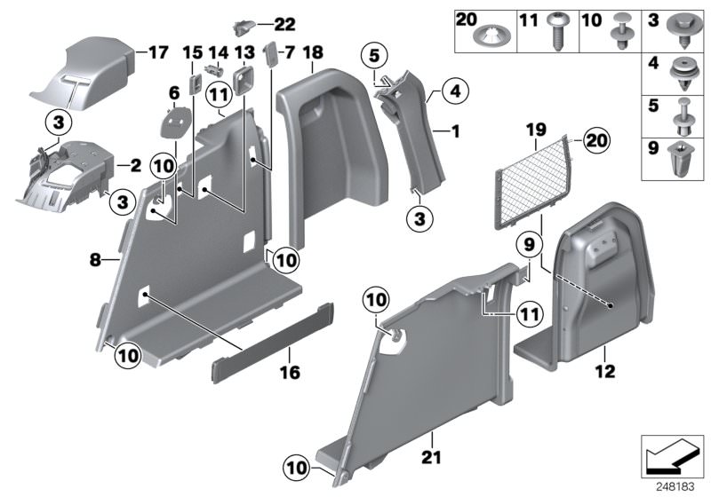 Picture board LATERAL TRUNK FLOOR TRIM PANEL for the BMW X Series models  Original BMW spare parts from the electronic parts catalog (ETK) for BMW motor vehicles (car)   Axial securing clip, Clip Natur, Cover seat-back clip, right, Cover, automatic reel, 