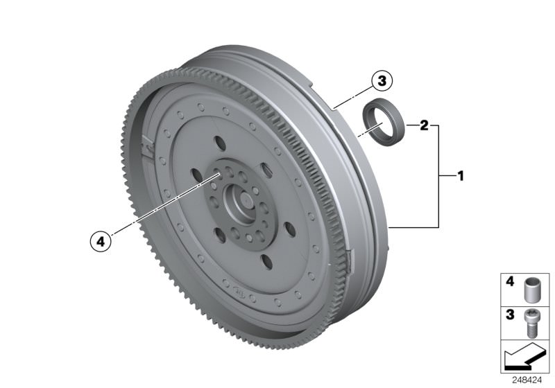 Picture board Flywheel / Twin Mass Flywheel for the BMW 5 Series models  Original BMW spare parts from the electronic parts catalog (ETK) for BMW motor vehicles (car)   Cylindrical roller bearing,radial, Dowel, ISA screw, Twin Mass Flywheel