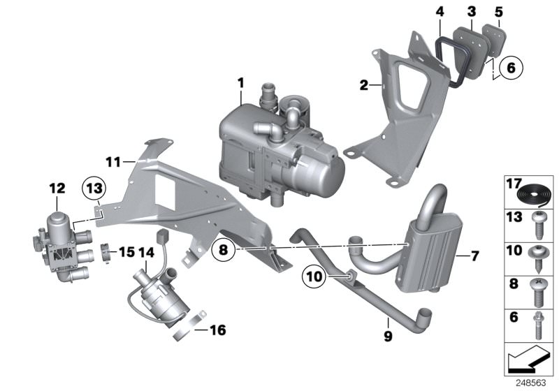 Picture board Auxiliary heating for the BMW 6 Series models  Original BMW spare parts from the electronic parts catalog (ETK) for BMW motor vehicles (car)   BRACKET FOR INDEPENDENT HEATER, Changeover valve, Circulating pump, auxiliary heater, EXHAUST PIPE