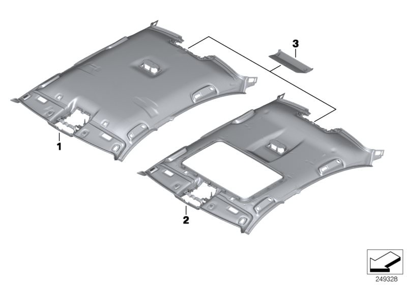 Picture board Individual moulded headliner, Alcantara for the BMW 5 Series models  Original BMW spare parts from the electronic parts catalog (ETK) for BMW motor vehicles (car)   Cover, brake light, Alcantara, Moulded roofliner, Alcantara, Moulded rooflin