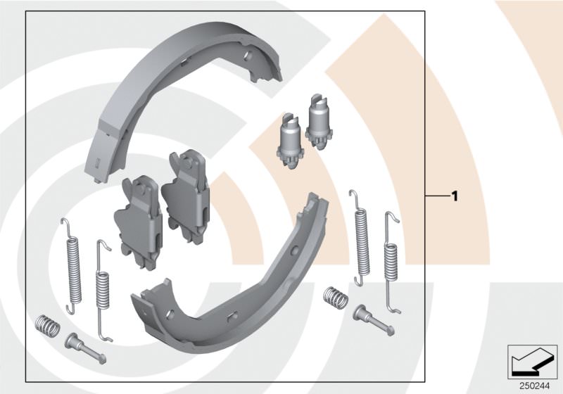 Picture board Service kit, brake shoes / Value Line for the BMW 1 Series models  Original BMW spare parts from the electronic parts catalog (ETK) for BMW motor vehicles (car)   Service kit, repair kit, brake shoes